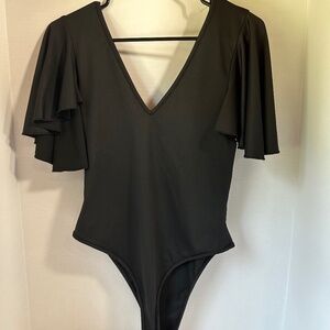 MMZ plain black body suit with frilly sleeves size large